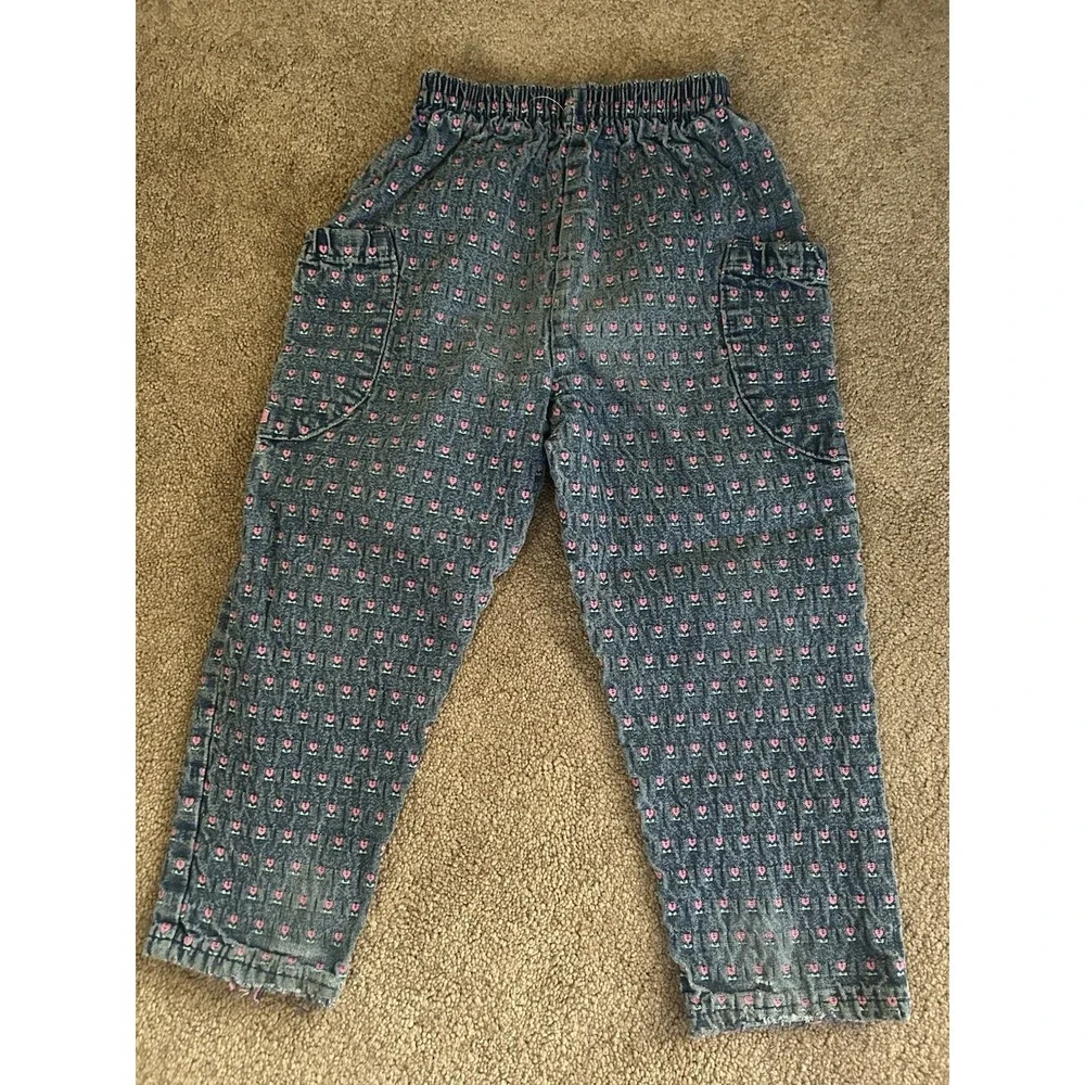 Vintage 90s Oshkosh B'gosh Floral Print Denim Cargo Pants Toddler Girls Size 4